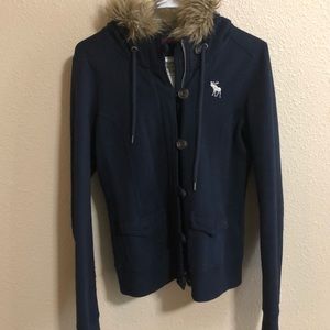 navy blue fur hooded coat